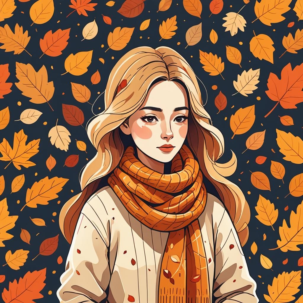 Autumnal Woman in Flat Design with Falling Leaves