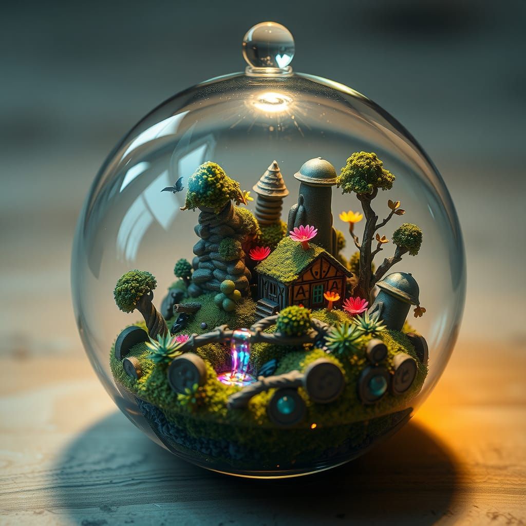 An orb containing a tiny, detailed world, full of life and a...