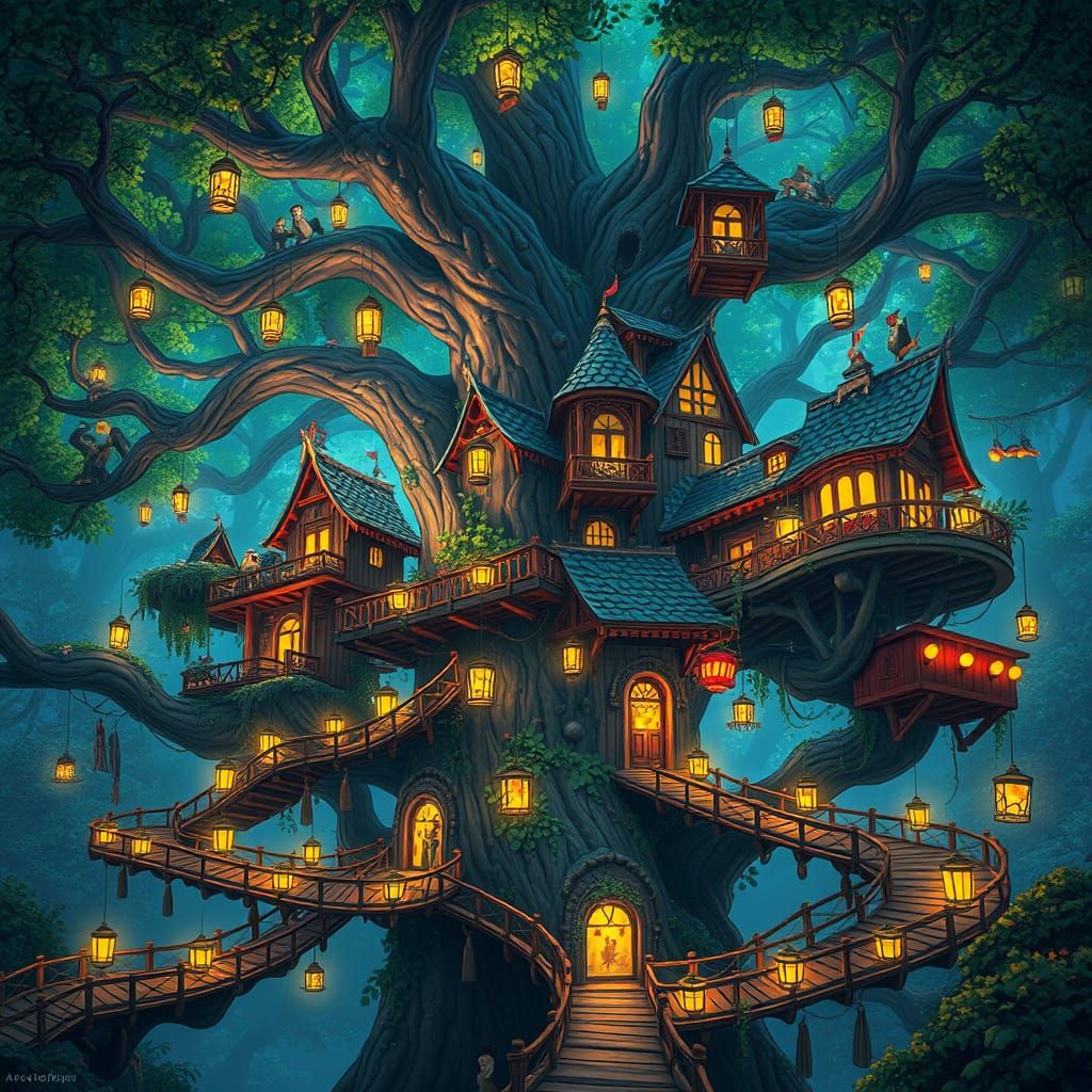 Treehouse City Illuminated by Glowing Bioluminescent Tree