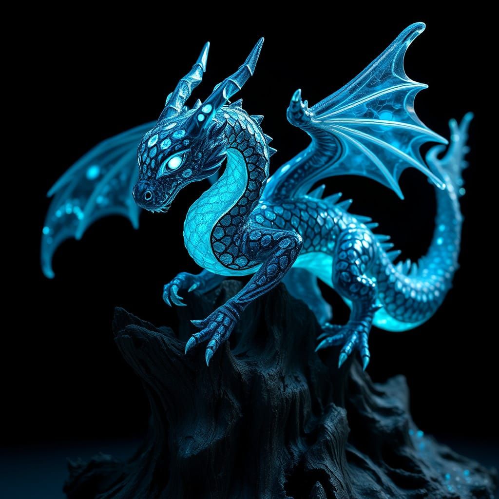 Dragon Woman Sculpture of Ethereal Obsidian and Bioluminesce...