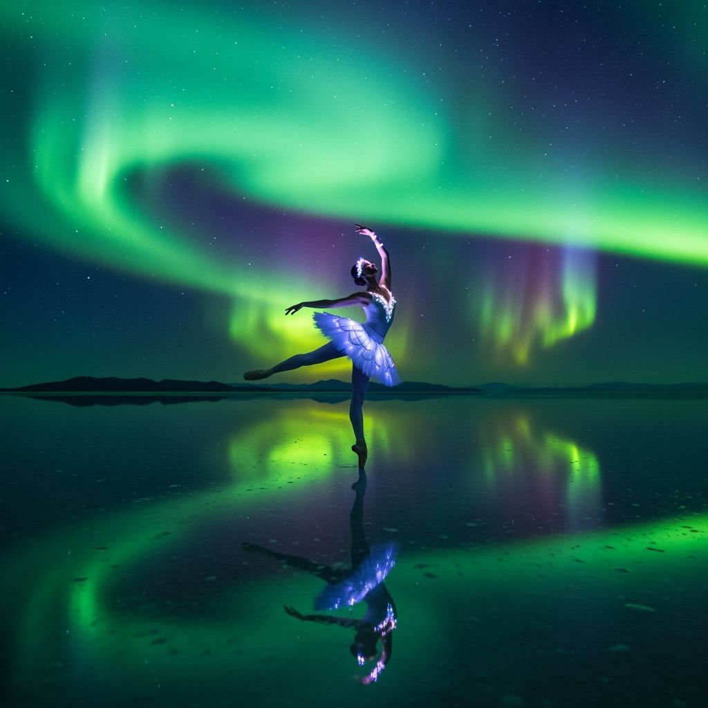 Ballerina Pirouettes Under Vibrant Aurora Borealis on Salt F...