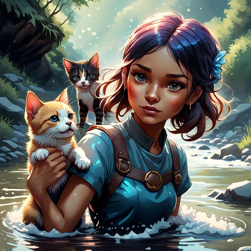 Girl Watches Dog and Kitten Play, Hyperdetailed Art
