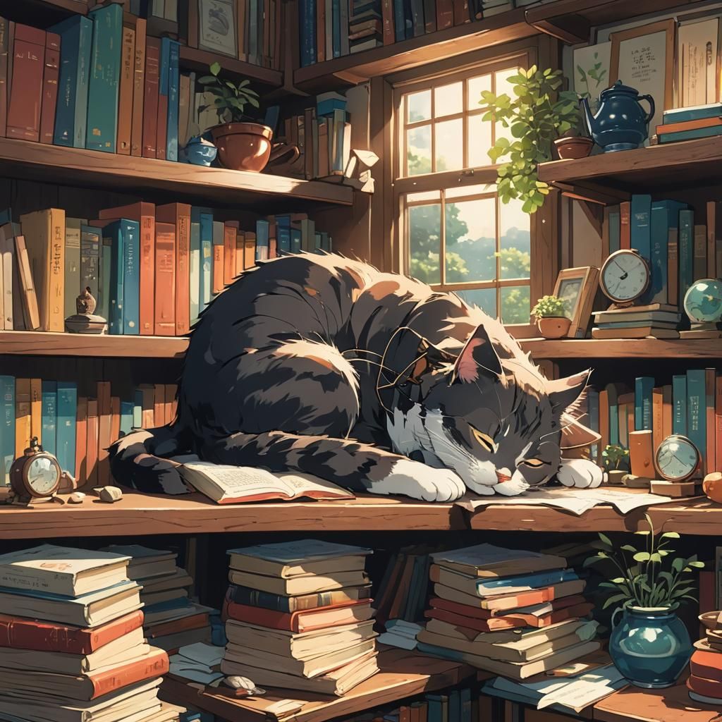 Cat Nap on Bookshelf in Ghibli Style
