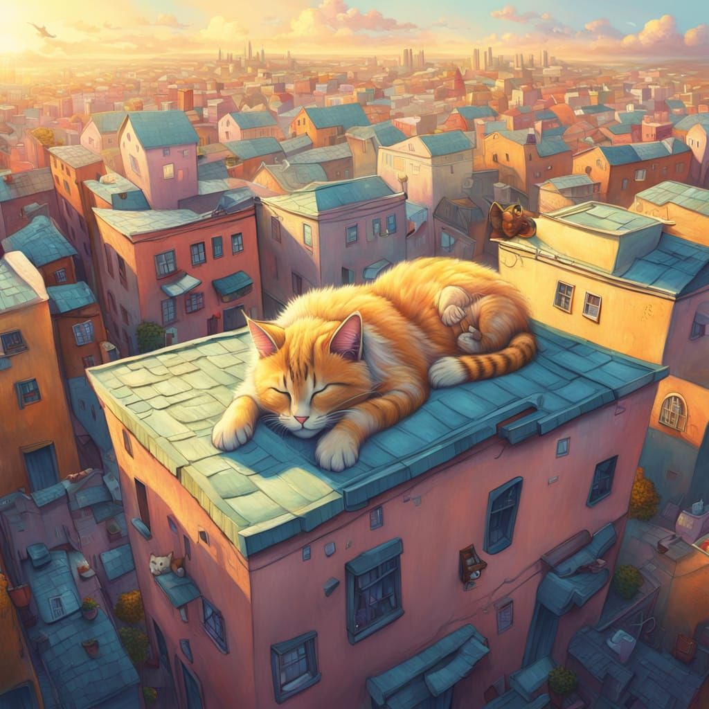 Surreal Giant Cat Napping on Cityscape