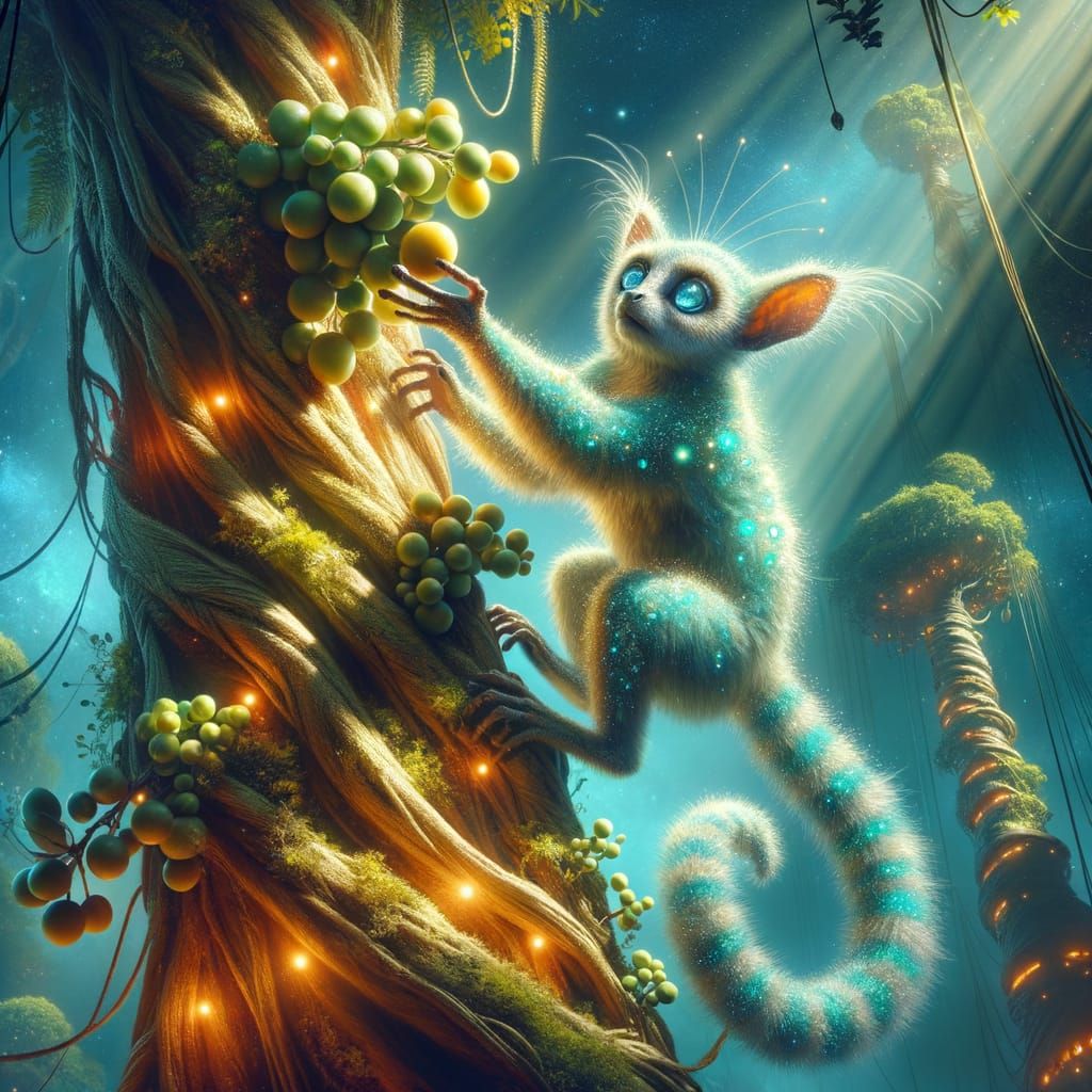 Ethereal Lemur-Like Alien Ascends Towering Tree in Vibrant D...