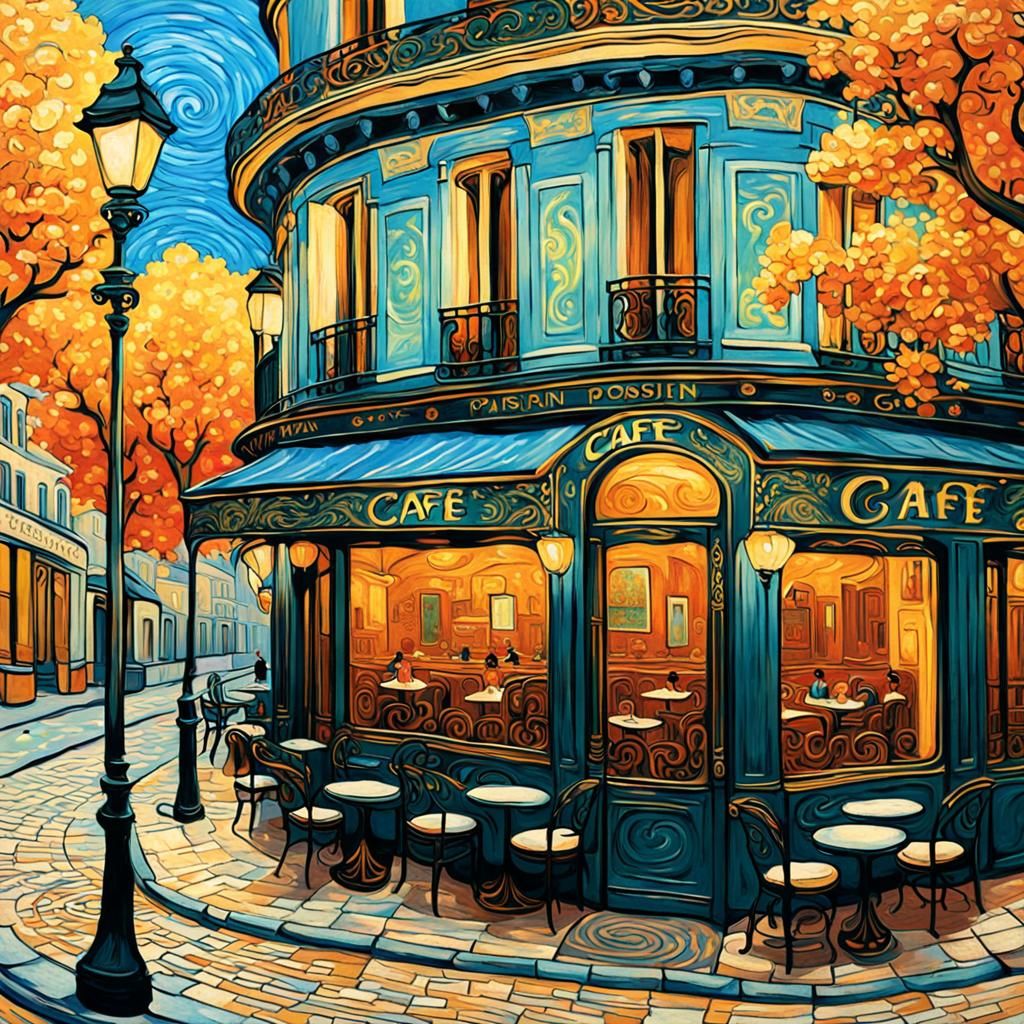 Parisian Cafe: An Art Nouveau Poster in Anime Style
