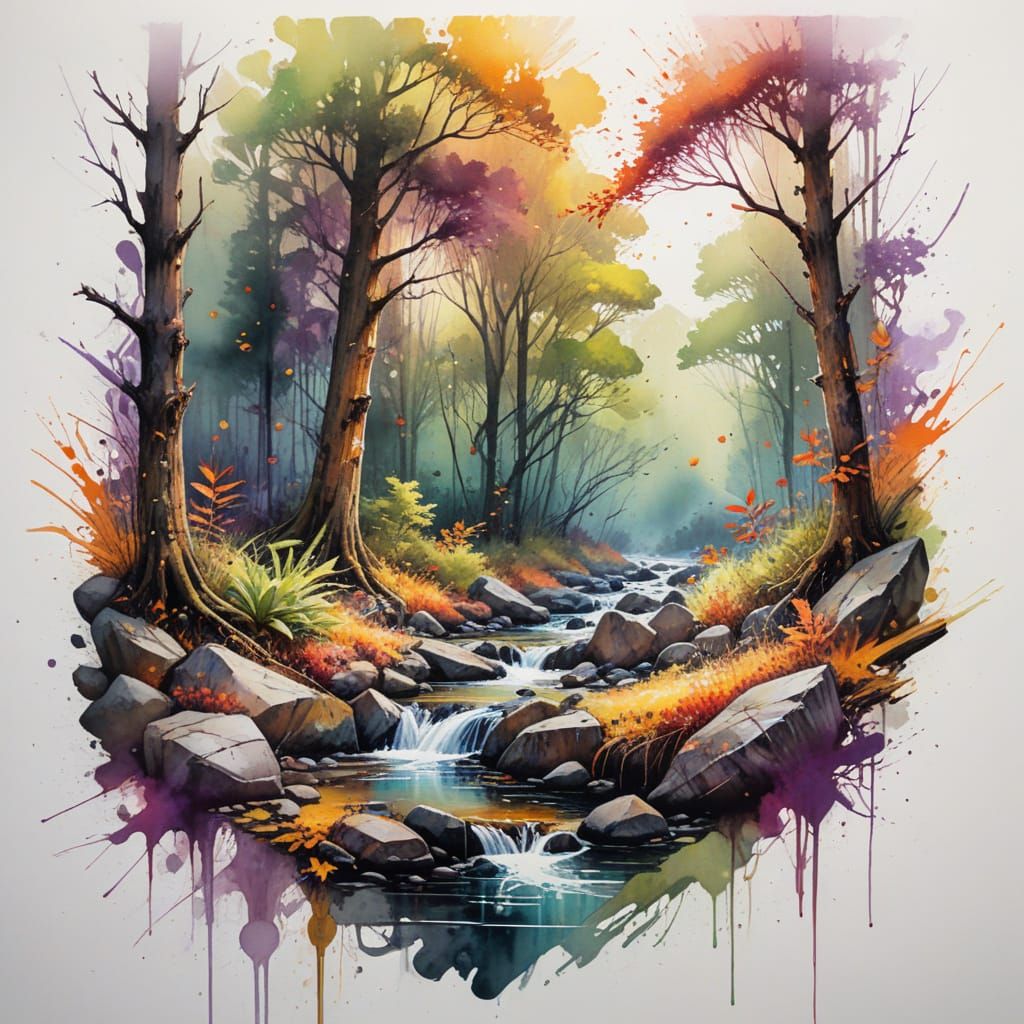 Surreal Autumn Forest Scene in Vibrant Watercolor