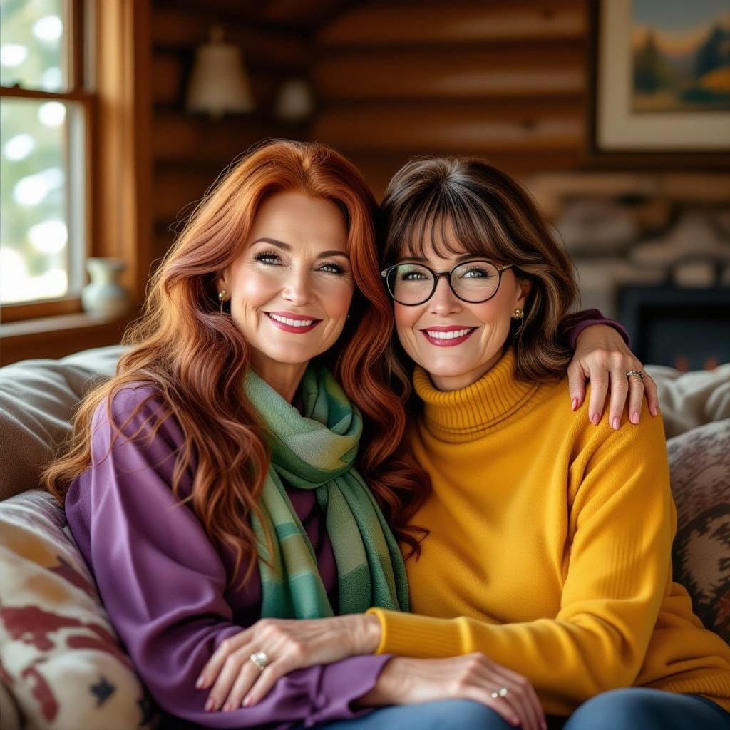 Impressionistic Painting of Two Women in Cozy Cabin