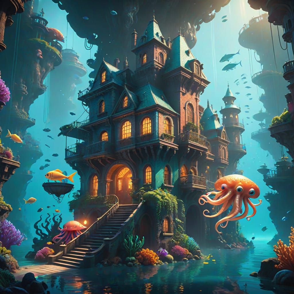 Vibrant Underwater Metropolis Shines Bright in Golden Light
