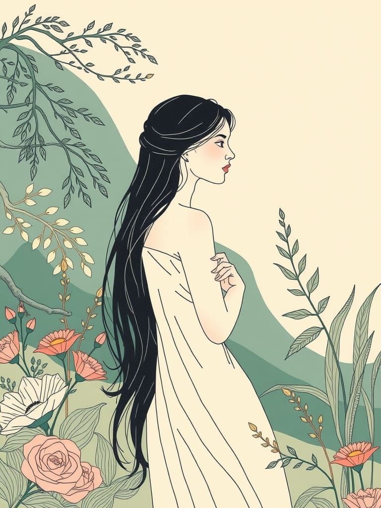 Contemplative Woman in Nature, Minimalist Line Art