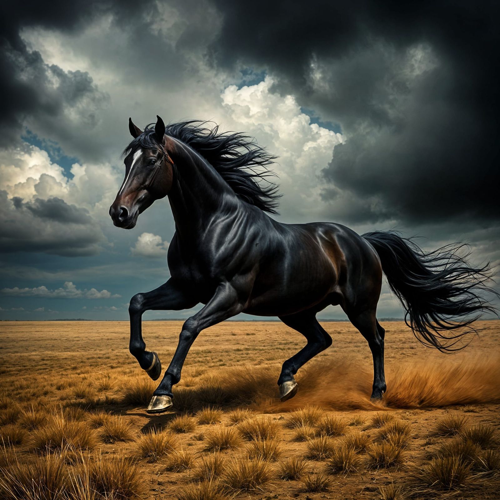 Powerful Black Stallion Galloping in Stormy Landscape