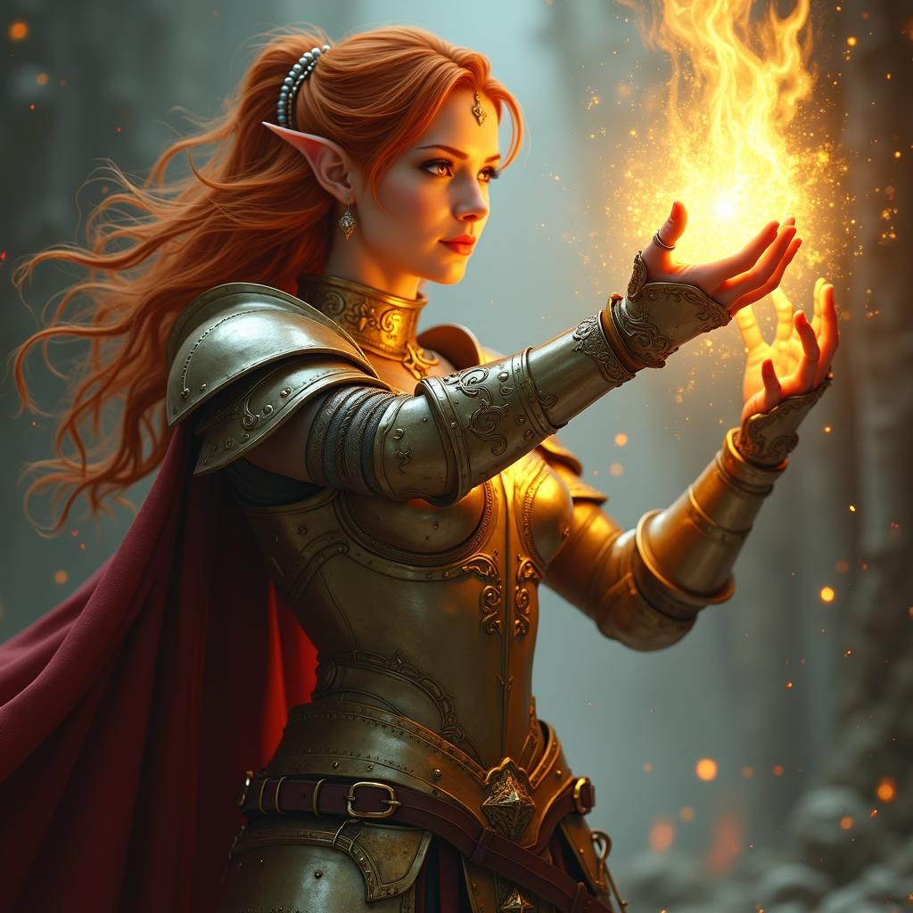 Beautiful red hair half elf paladin in revealing Gold and wh...