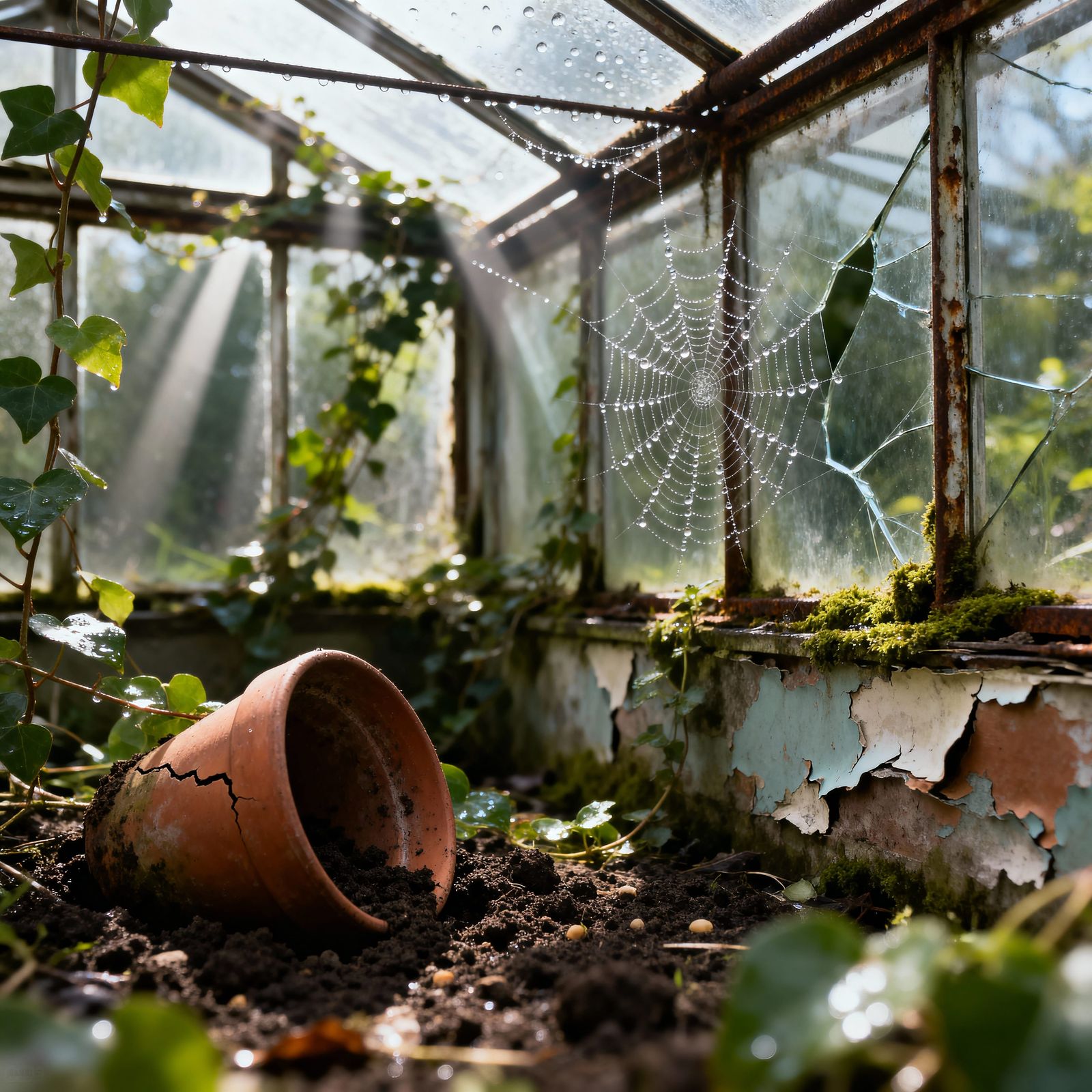 Abandoned Greenhouse Overgrown with Plants Cinematic Scene