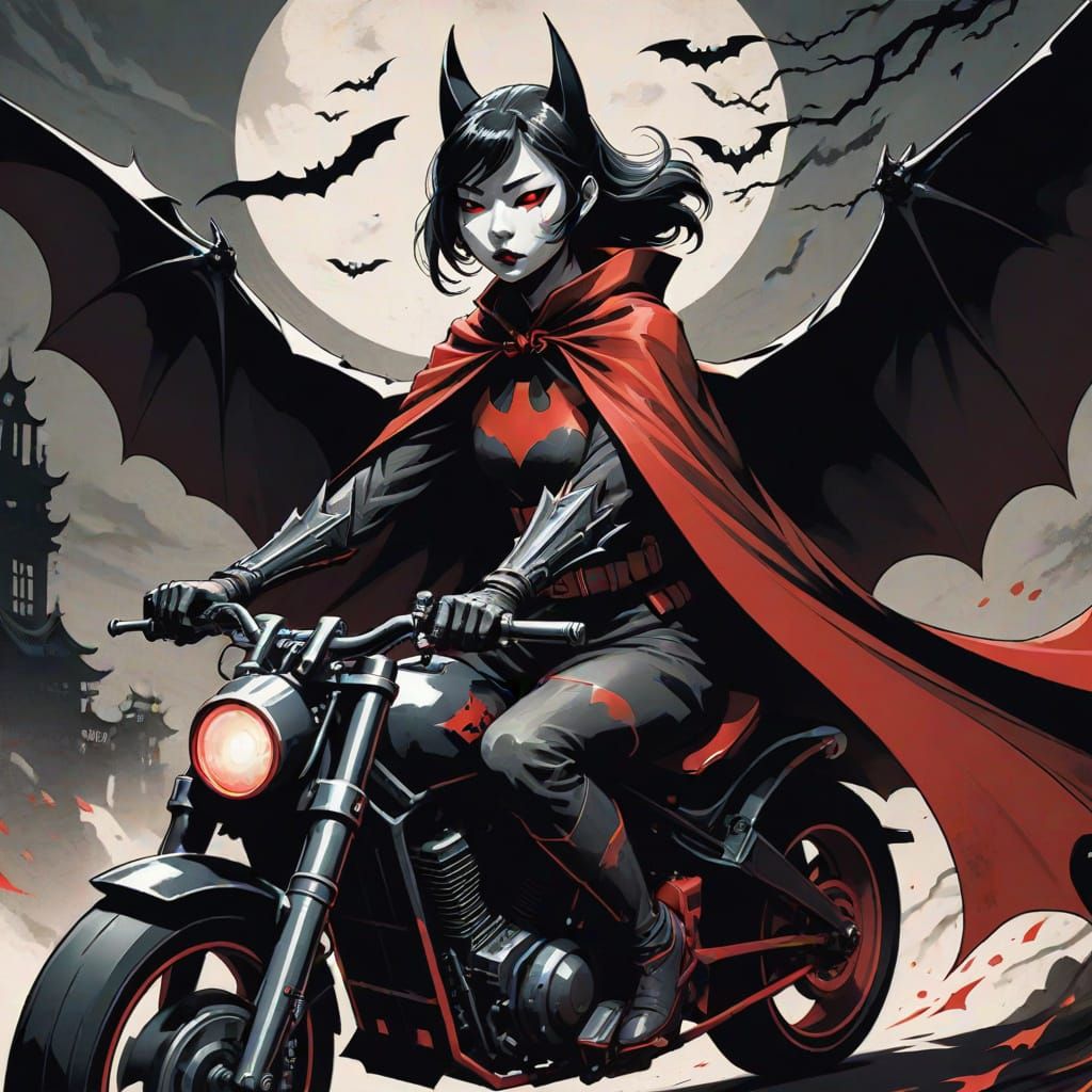 Batgirl on Batcycle in Onryo-e Style