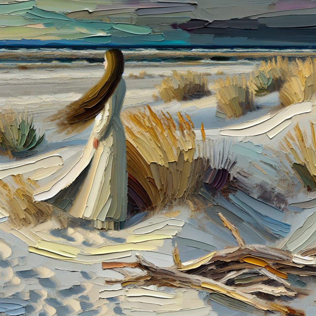 Impasto Oil Painting of Woman on Barren Beach at Dusk