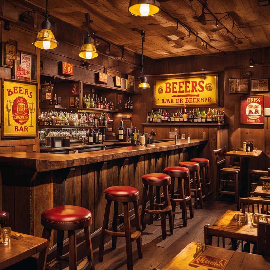 Rustic Bar Interior with Lit "Beers" Sign