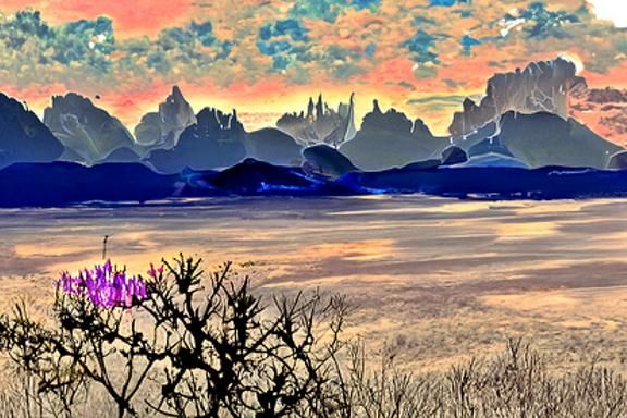 Purple Mountain Range with Wildflowers as Matte Painting