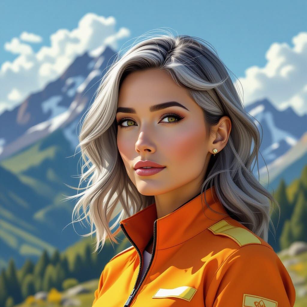 Woman Contemplates Mountain Landscape in Realistic Digital P...