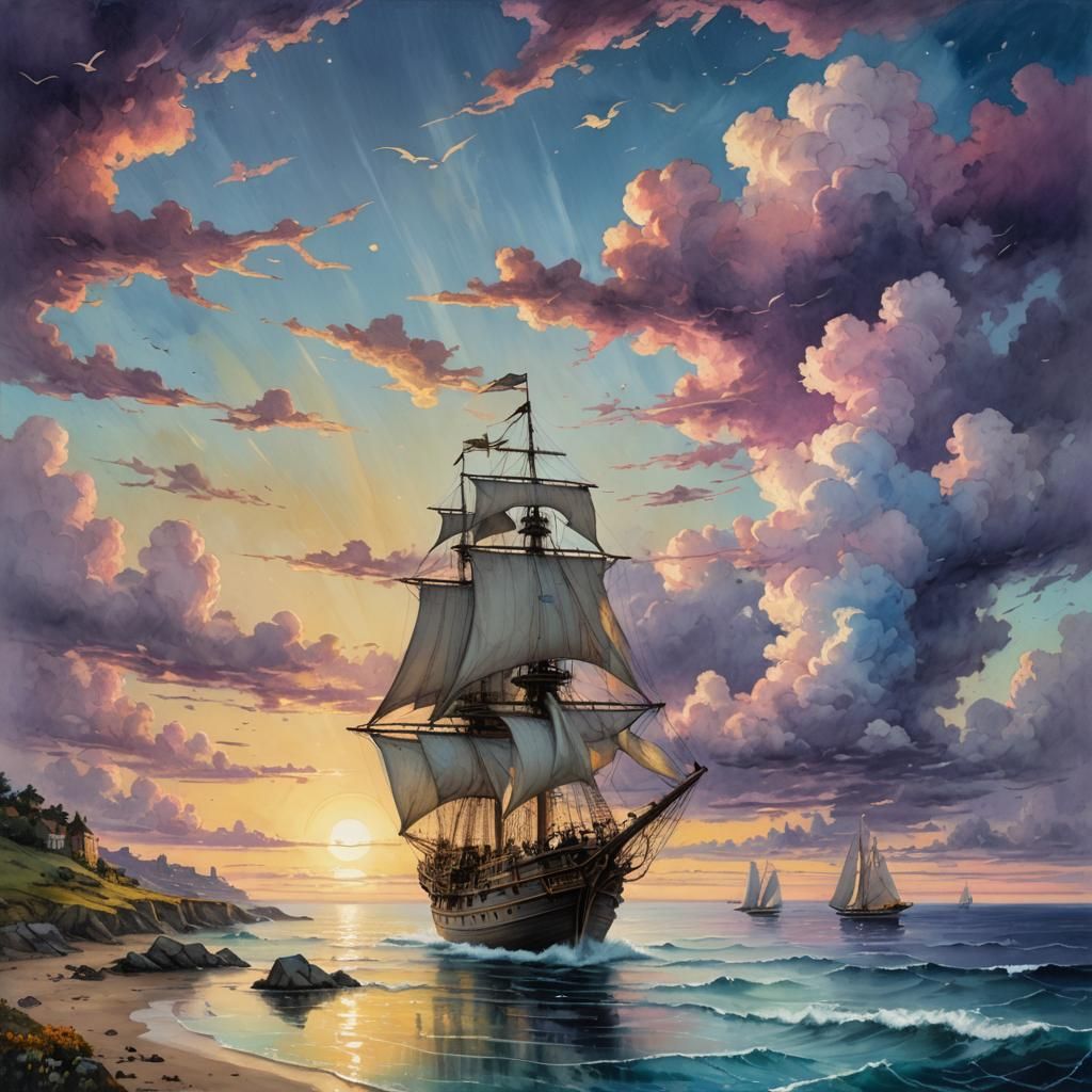 Luxury Sailboat at Sunset, Impressionist Gouache Painting