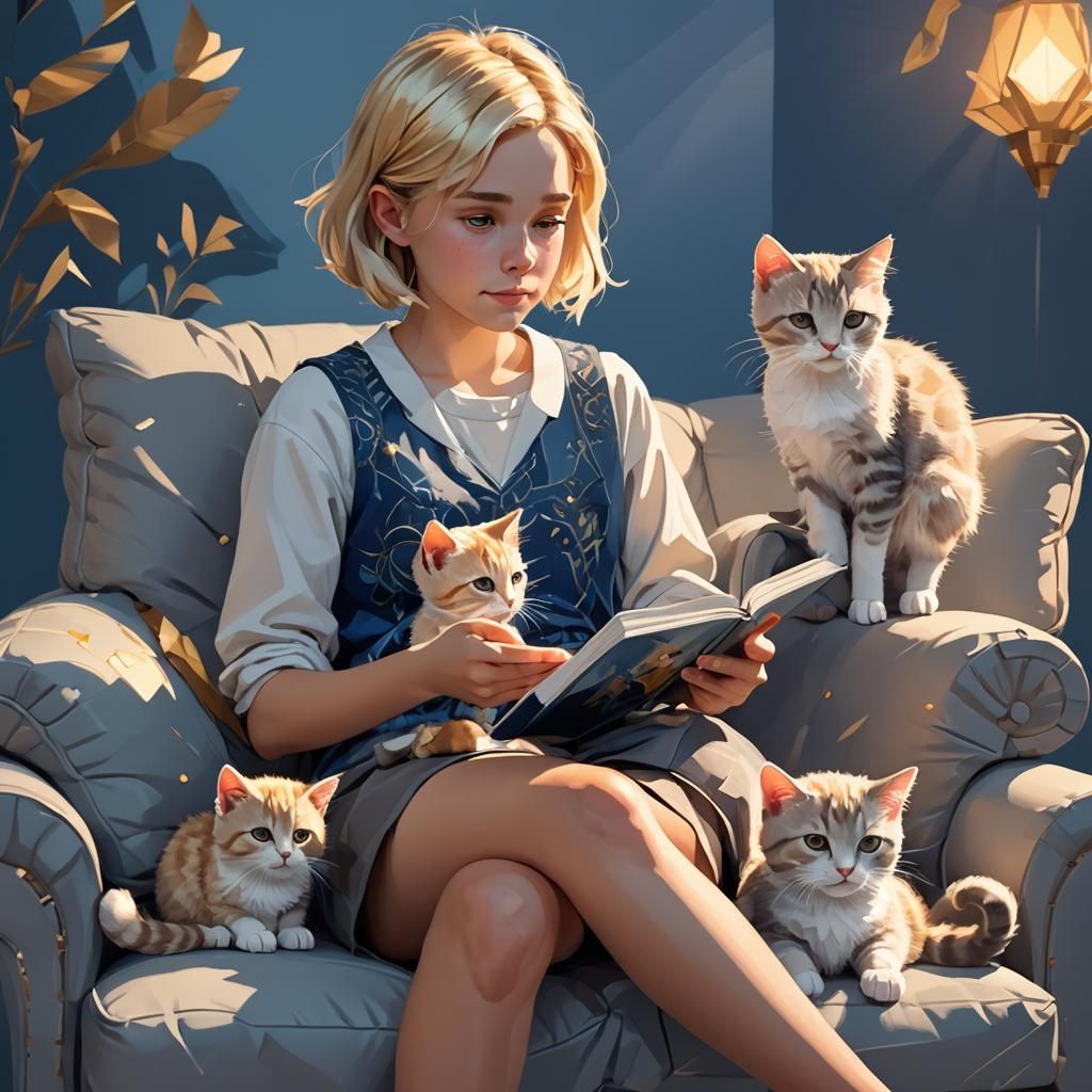 Girl Reading with Kitten: Low-Poly 3D Art