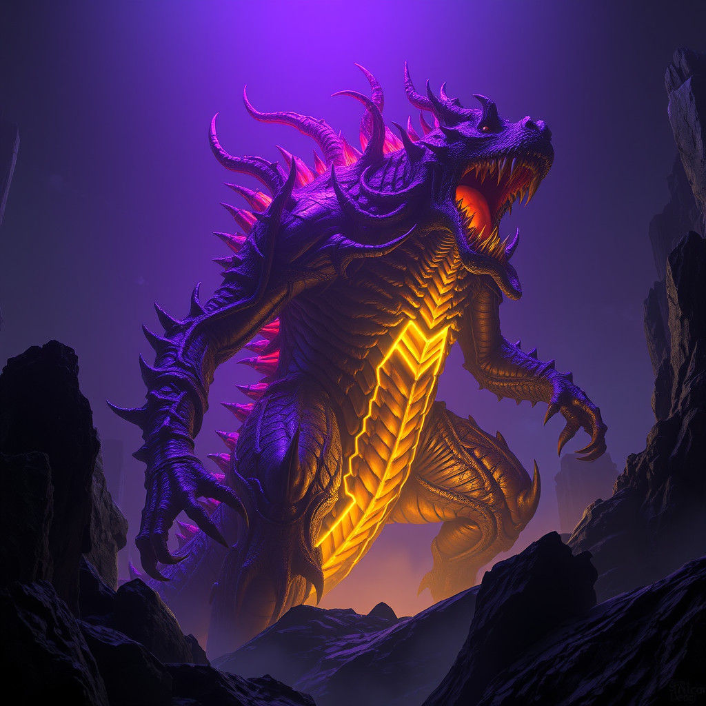 Colossal Monster Emerging from Shadows in Art Nouveau Style