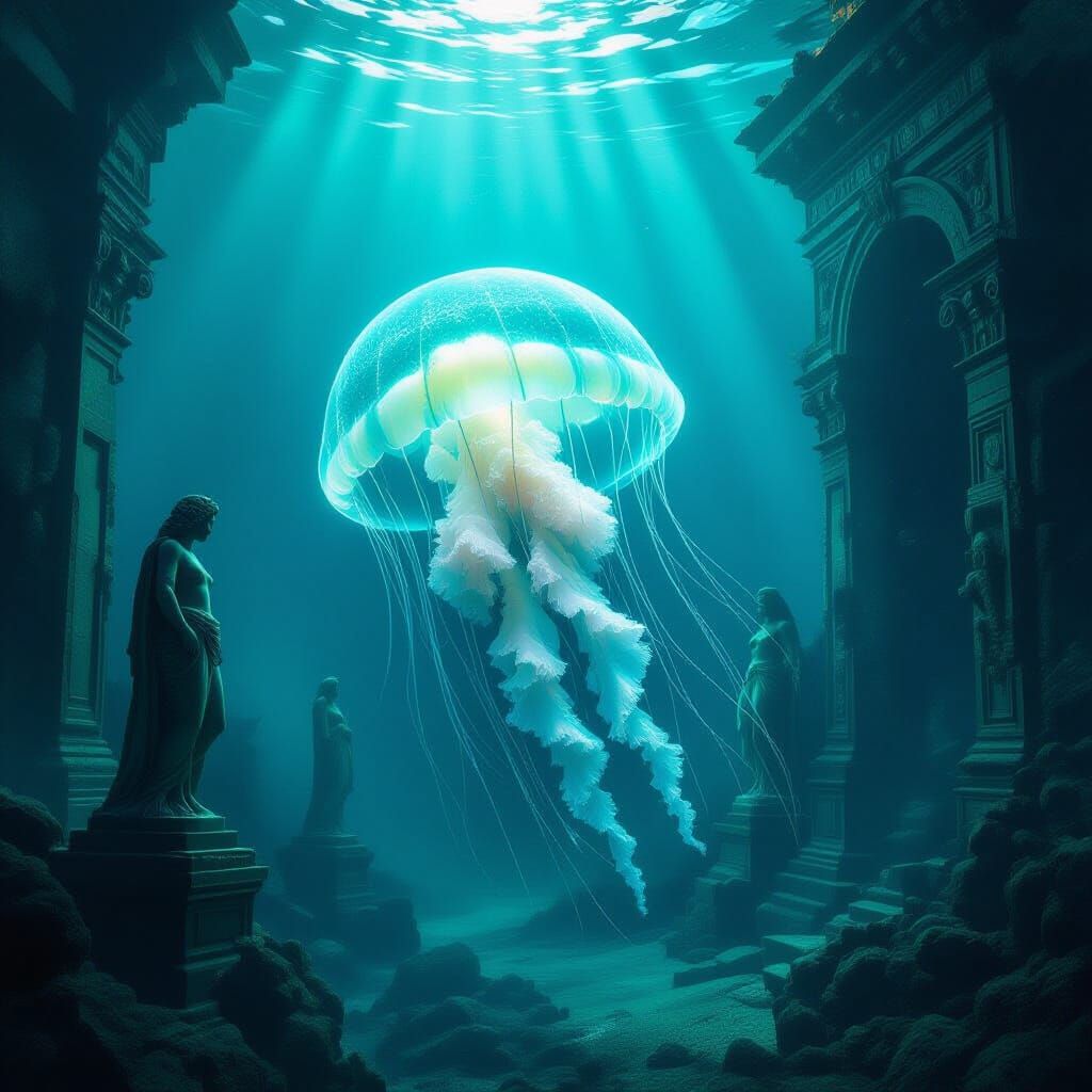 Bioluminescent Jellyfish in Sunken Art Deco City