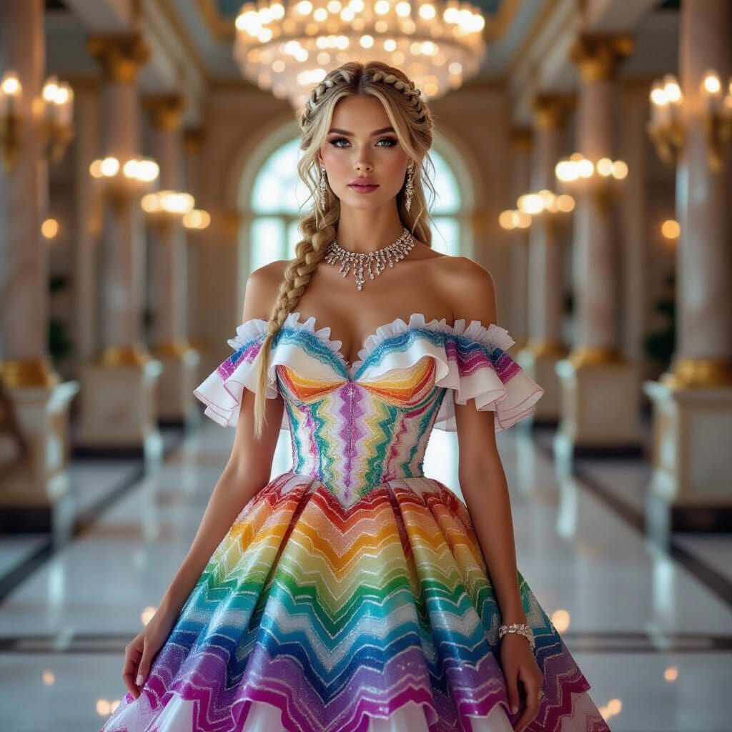Woman in Rainbow Crystal Geode Dress in Ballroom