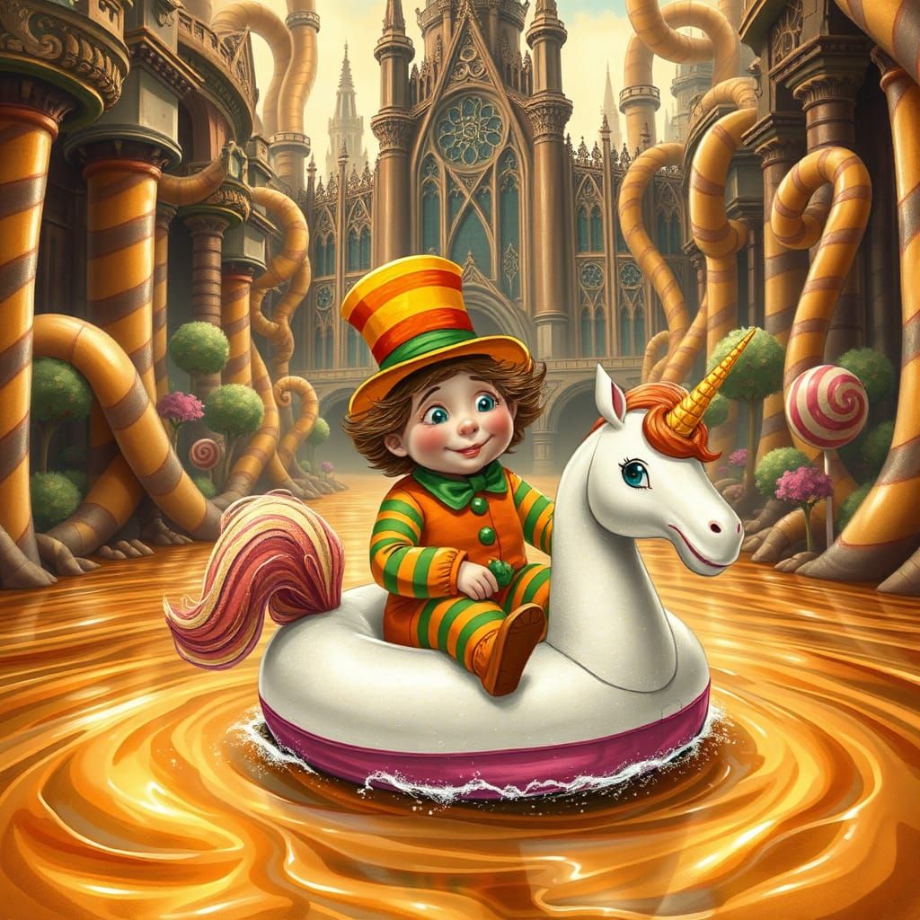 Oompa Loompa on Unicorn Float in Chocolate River