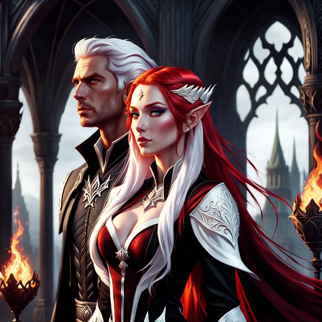 Elven Couple in Gothic Embrace: Digital Matte Painting