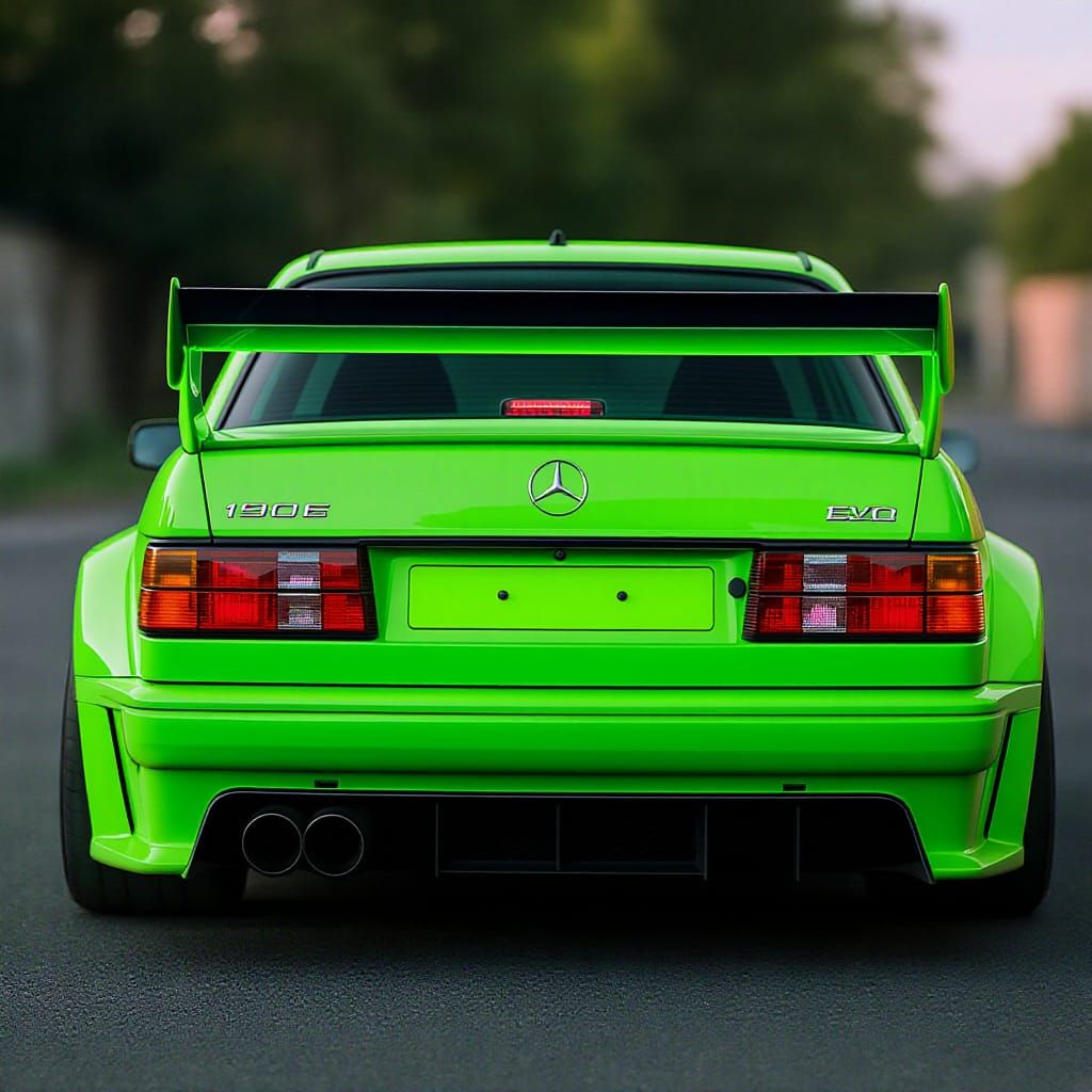 Futuristic Neon Green Mercedes Benz 190E Back View