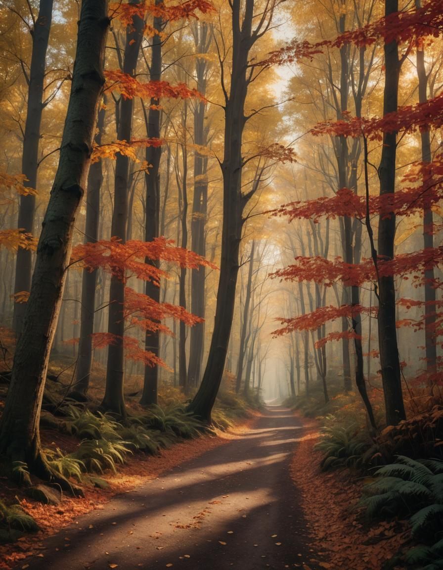 Enchanted Forest Path in Autumn Sunlight