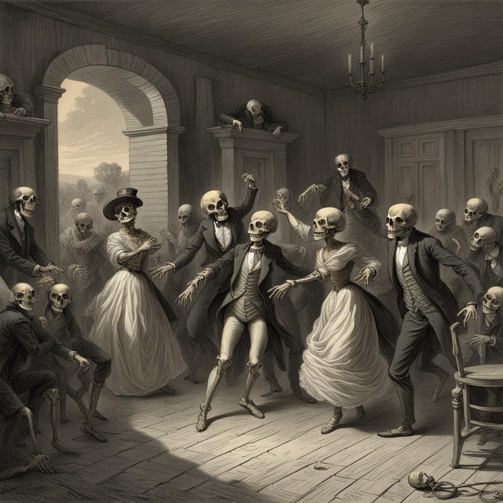Skeletons Dancing in Village: Gothic Horror Illustration
