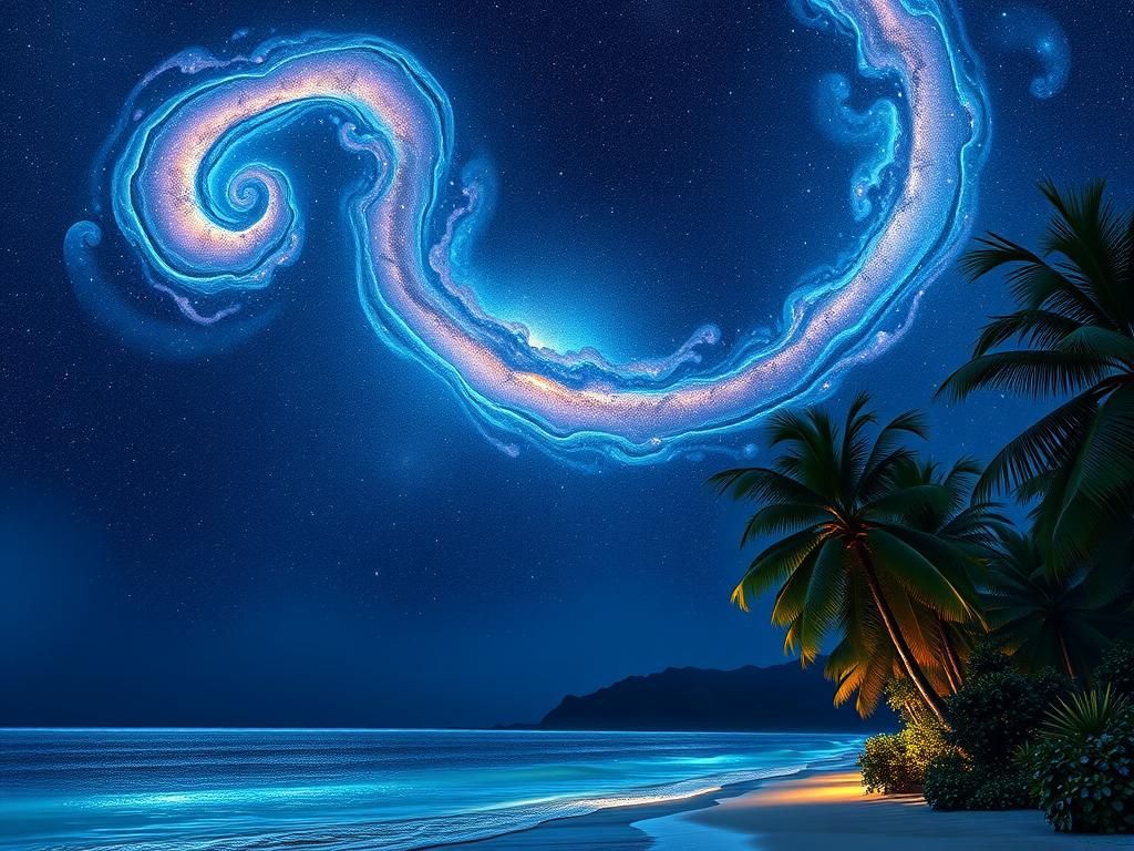 Galactic Nebula Over Sparkling Palm Tree Beach