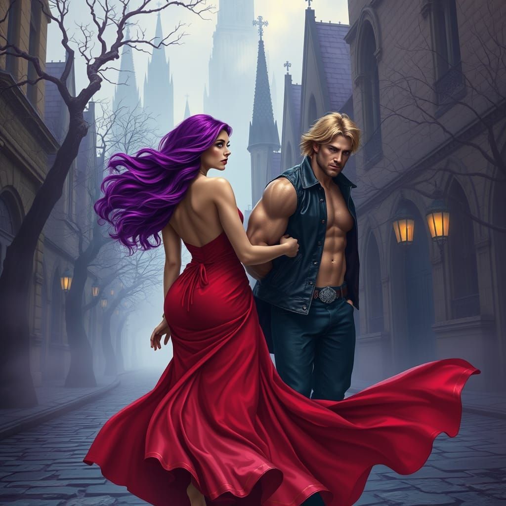 Woman and Man in Dramatic Gothic Landscape