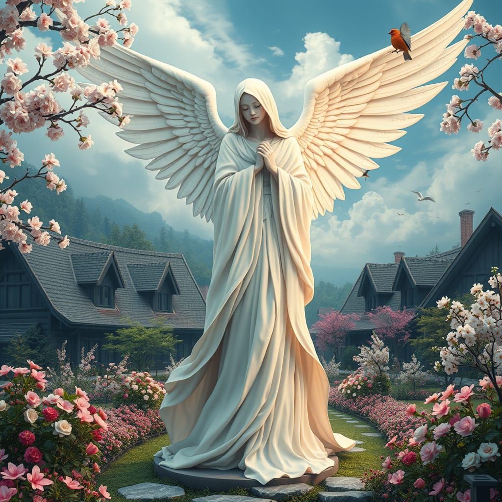 Serene Angel of Death in Vibrant Cherry Blossom Village