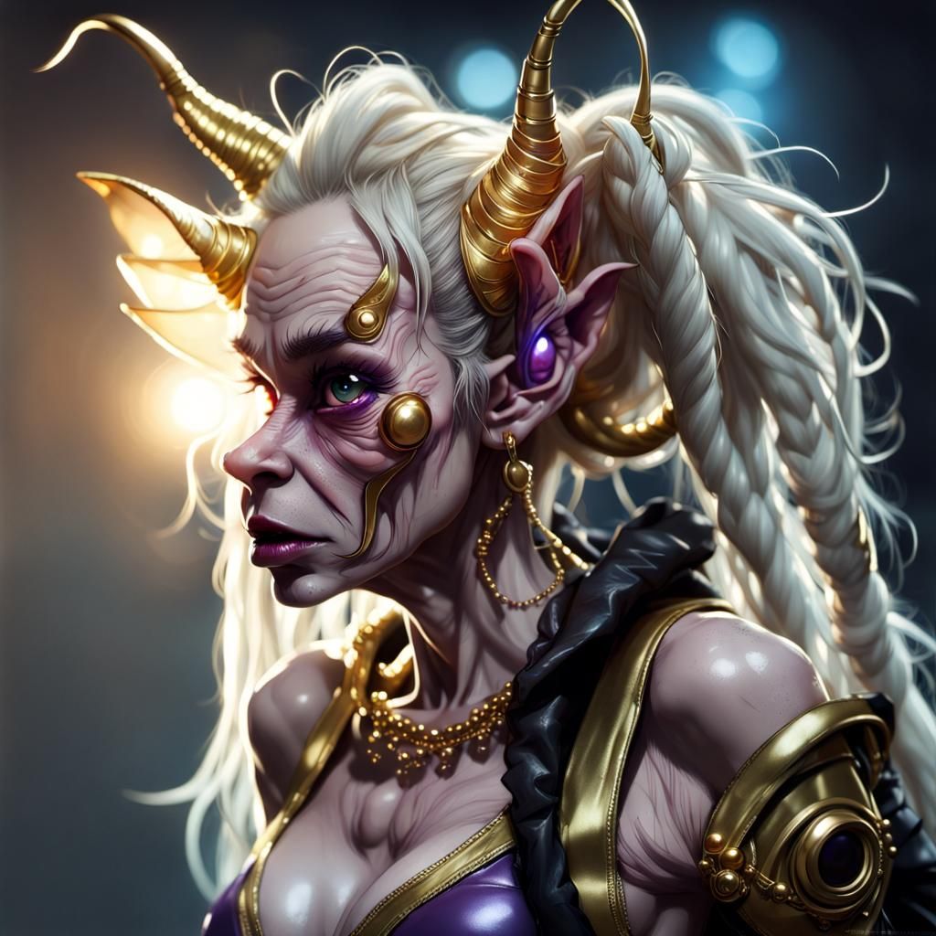 Violet-Skinned Granny Gremlin in Precisionist Street Scene