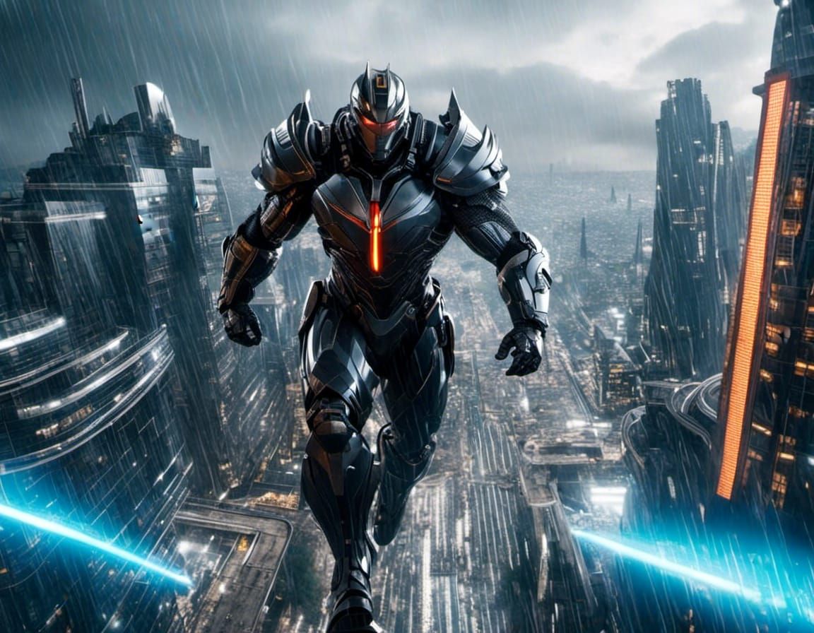 Cyborg Samurai Runs Across Futuristic City in the Rain