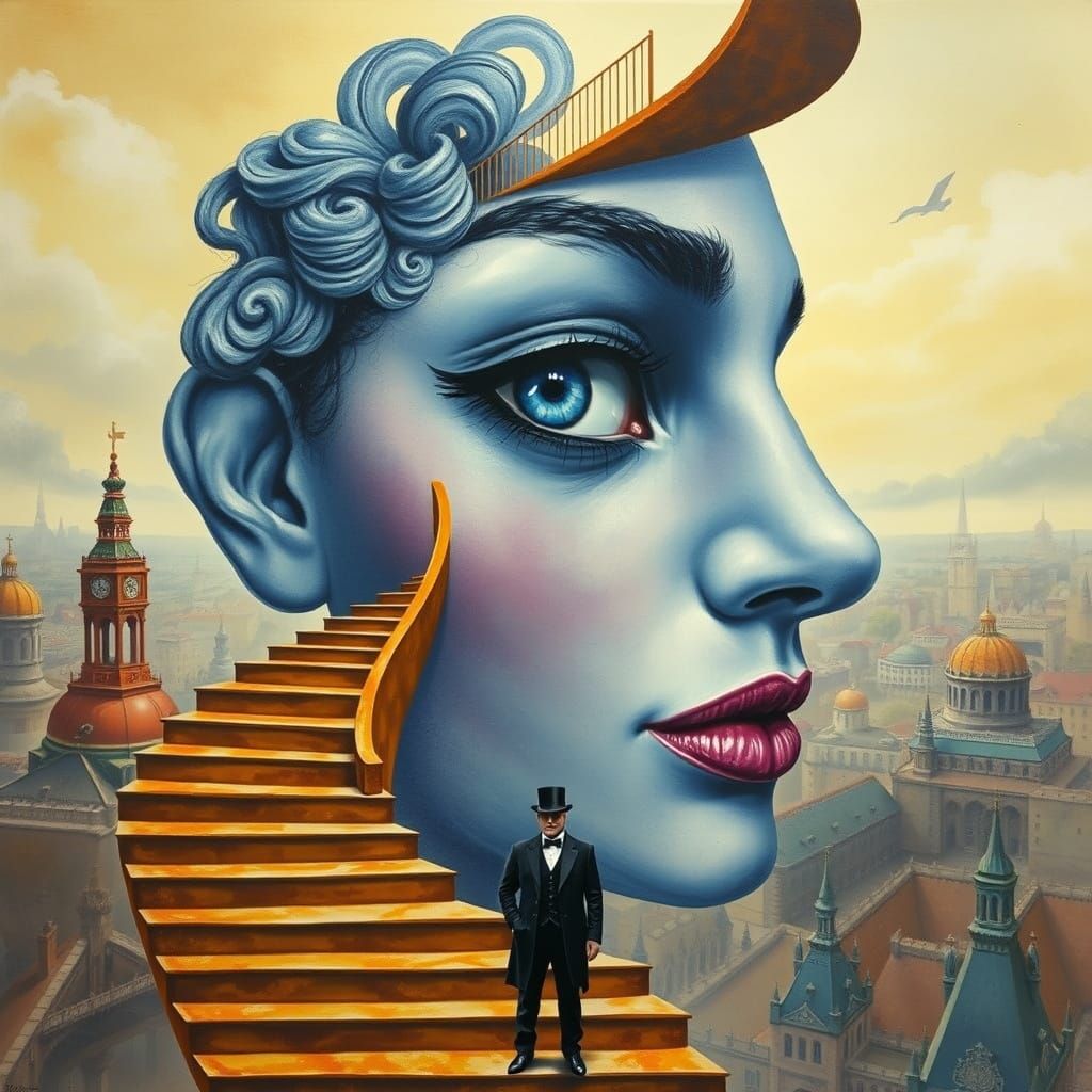 Surreal Portrait of a Woman Merging with a Winding Staircase...