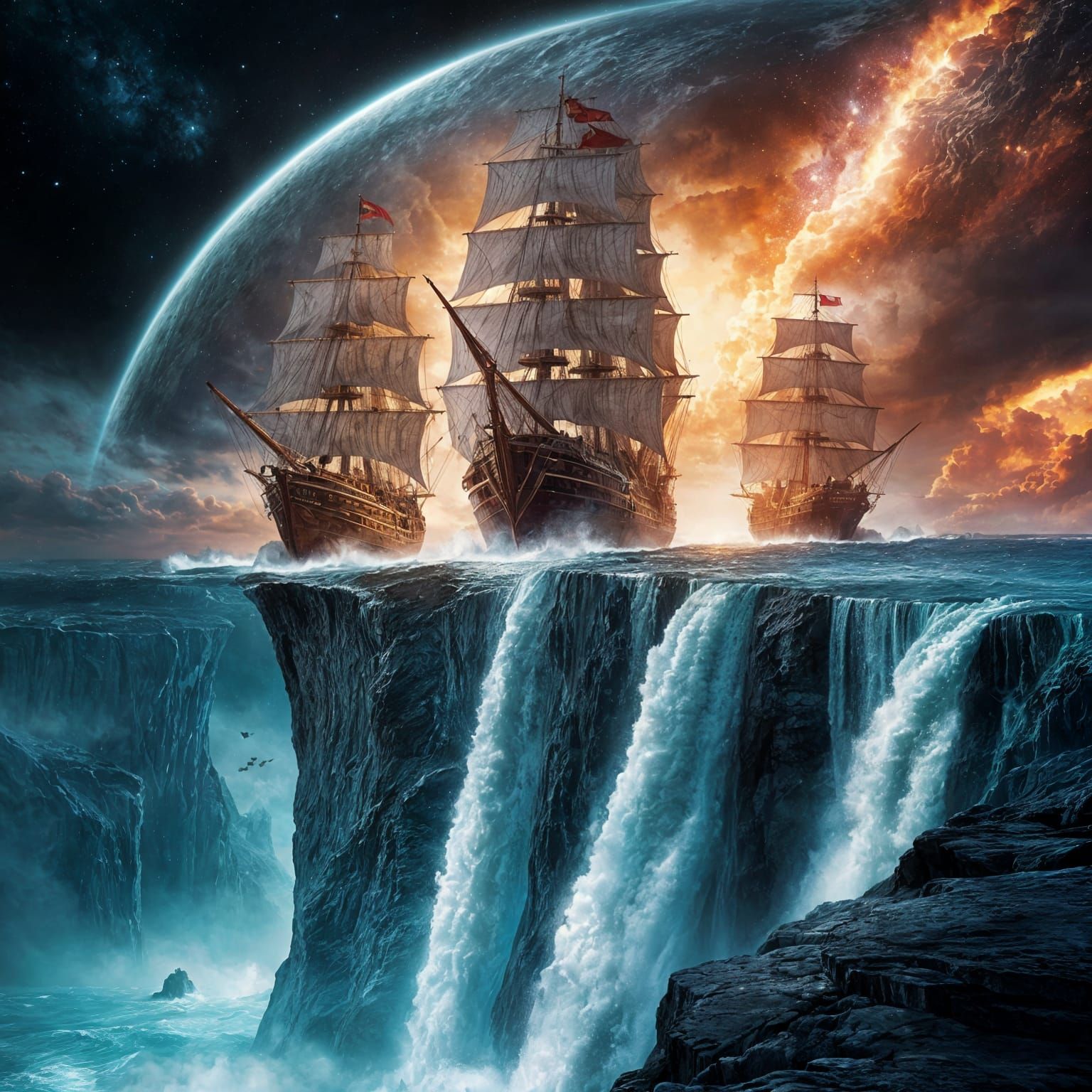 Galleons Sailing Off World's Edge in Digital Painting