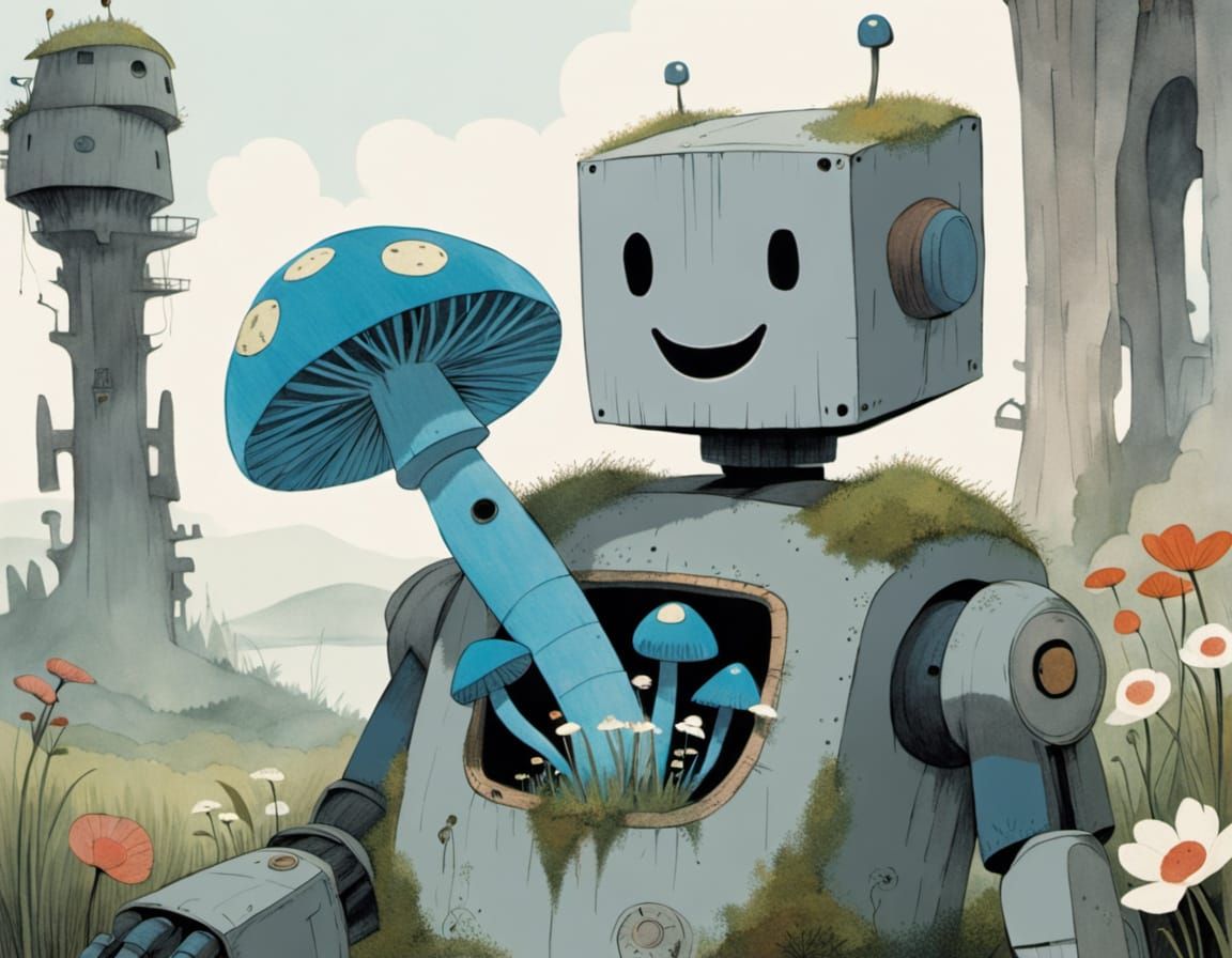 Whimsical Robot with Blue Mushrooms in Overgrown Ruins