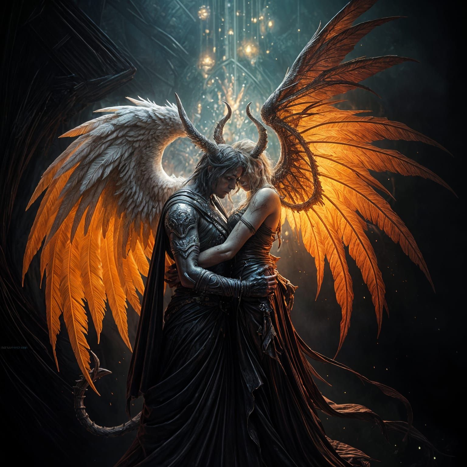 Angels and Demons Share Tender Moment in Dark Fantasy