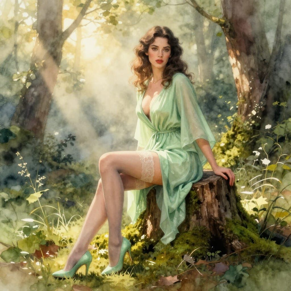 Wiccan Pin-Up Art in Forest Clearing