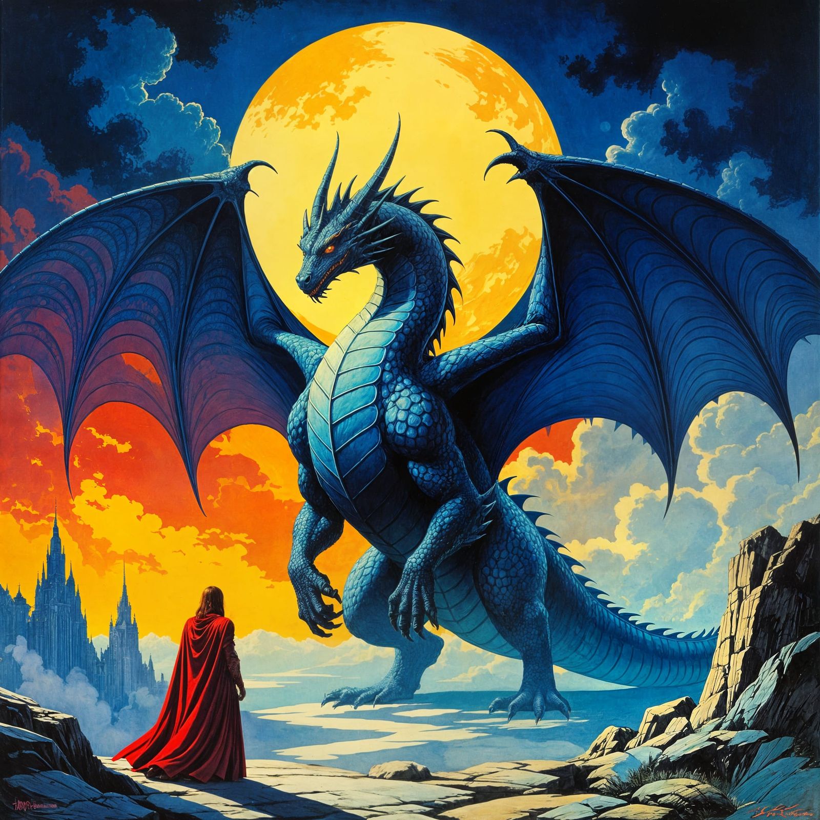 Mighty Indigo Dragon of Chaos in 1970s Pulp Fantasy Style