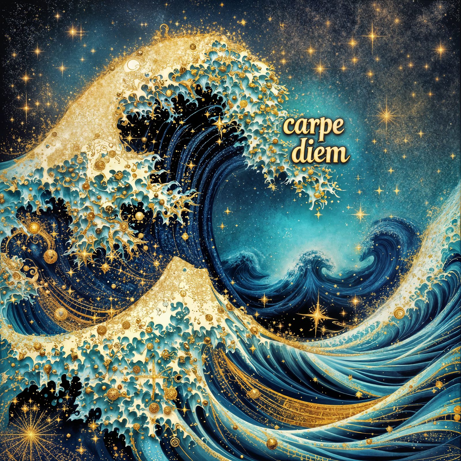 Carpe Diem on Hokusai Wave with Gold Sparkles
