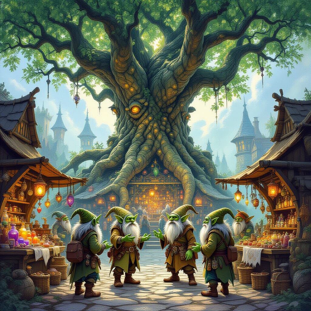 Bustling Goblin Market Beneath Ancient Tree Roots