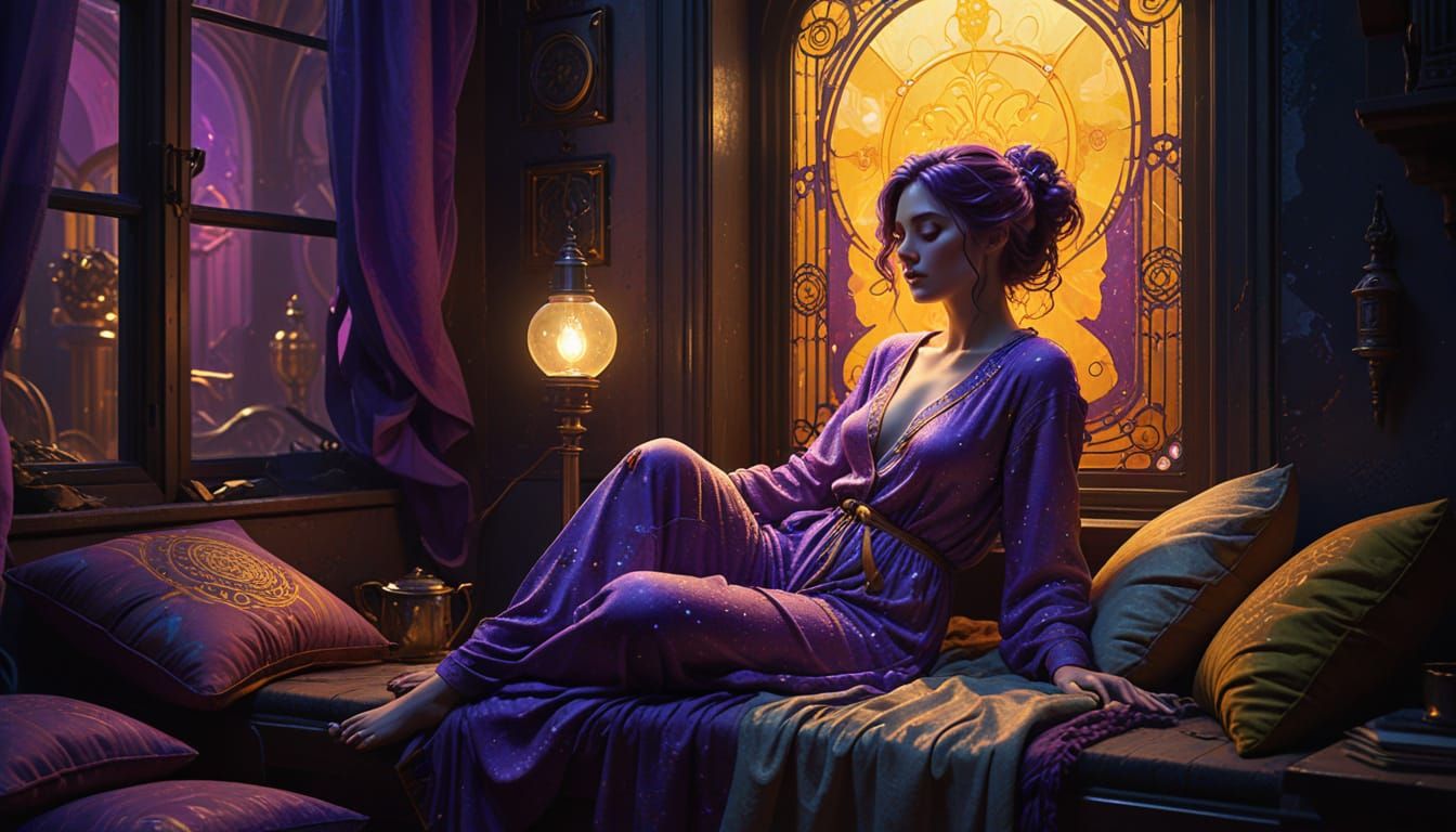 Art Deco Woman in Dark Room, Masterpiece Painting