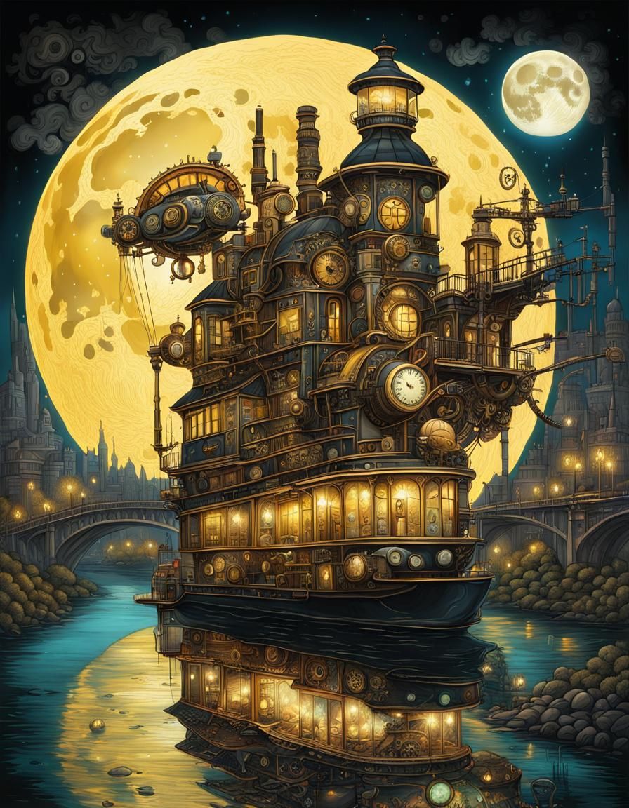 Steampunk Boat with Electric Lights and Full Moon