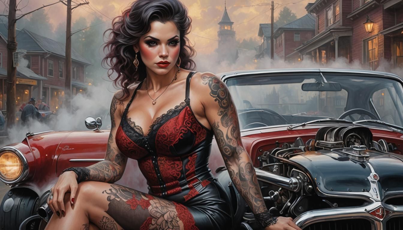 Woman in Lace Leaning on Hot Rod Car