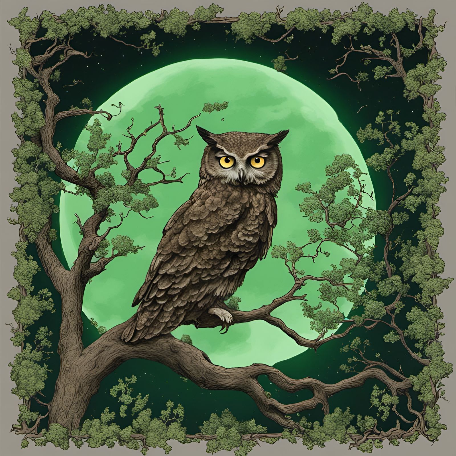 Wise Owl Under Full Moon on Summer Night