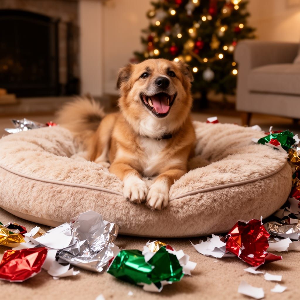 A happy dog lying on a plush doggie bed with the Christmas wrapping all torn up around it.